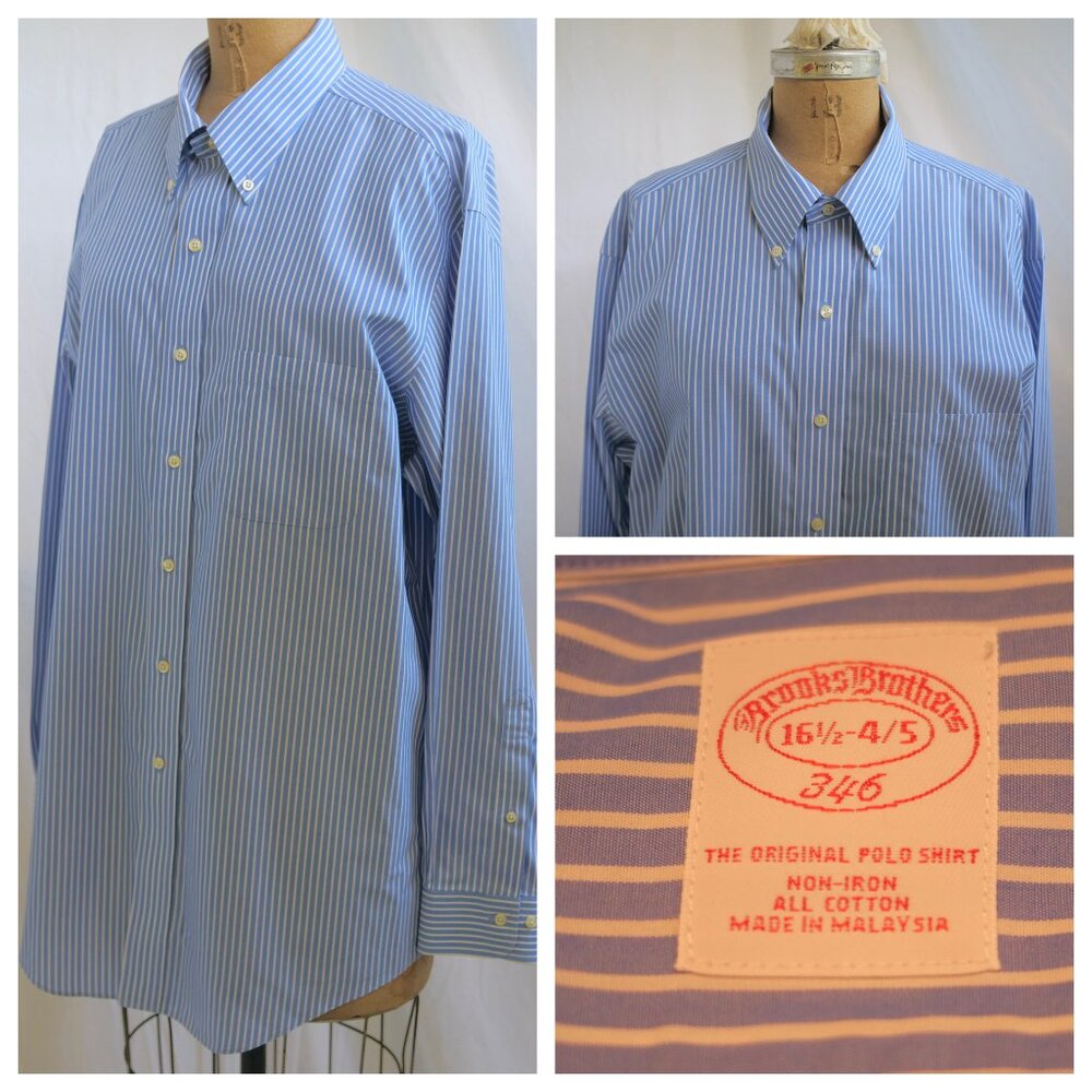 BROOKS BROTHERS Blue Stripe 100% Cotton Original Polo Shirt 16 1/2 - 4/5 EUC